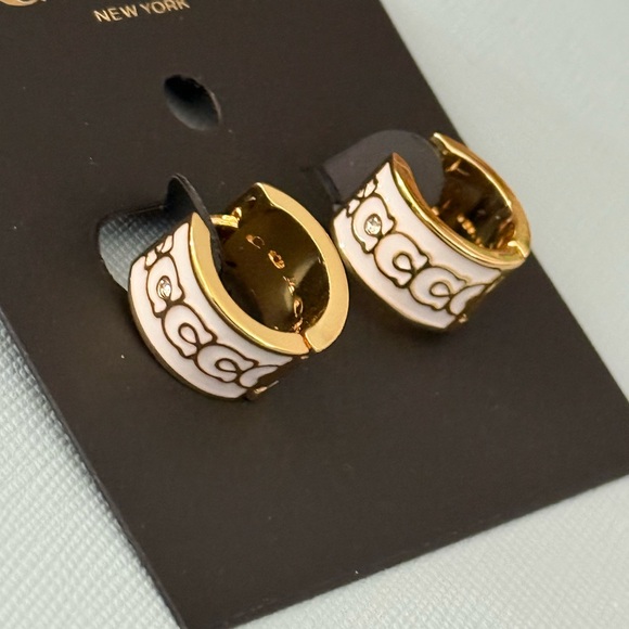 Coach Gold and White Hoop Huggies Earrings - Picture 2 of 3